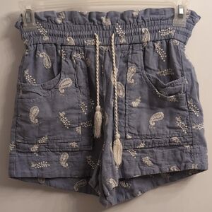 House of Harlow 1960 Blue Embroidered Paisley Linen Blend Paperbag Shorts Sz XS